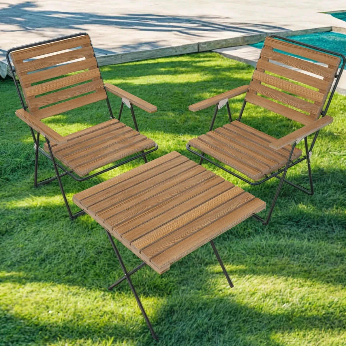 Bistro Katlanabilir 3'lü Bistro Masa Sandalye Seti, Balkon ve Bahçe Oturma Grubu