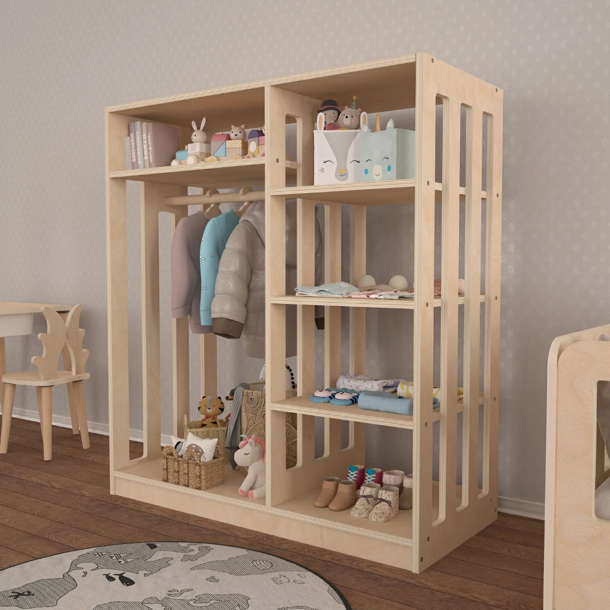 Flexo Montessori Tarzı Çocuk Elbise Dolabı Doğal Ahşap