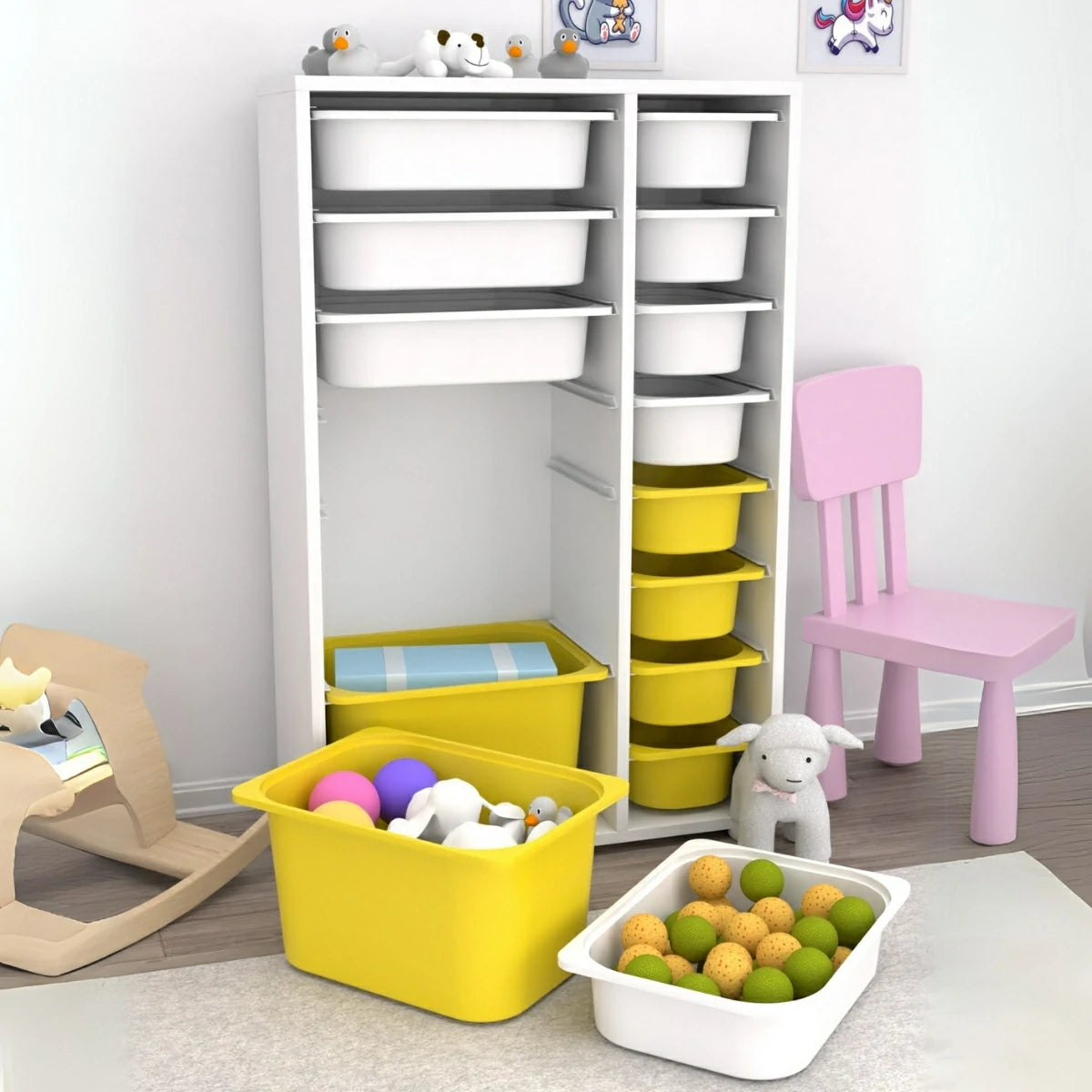 Rine 14 Sepetli Çok Amaçlı Oyuncak Dolabı Sarı Beyaz 2D4K8U
