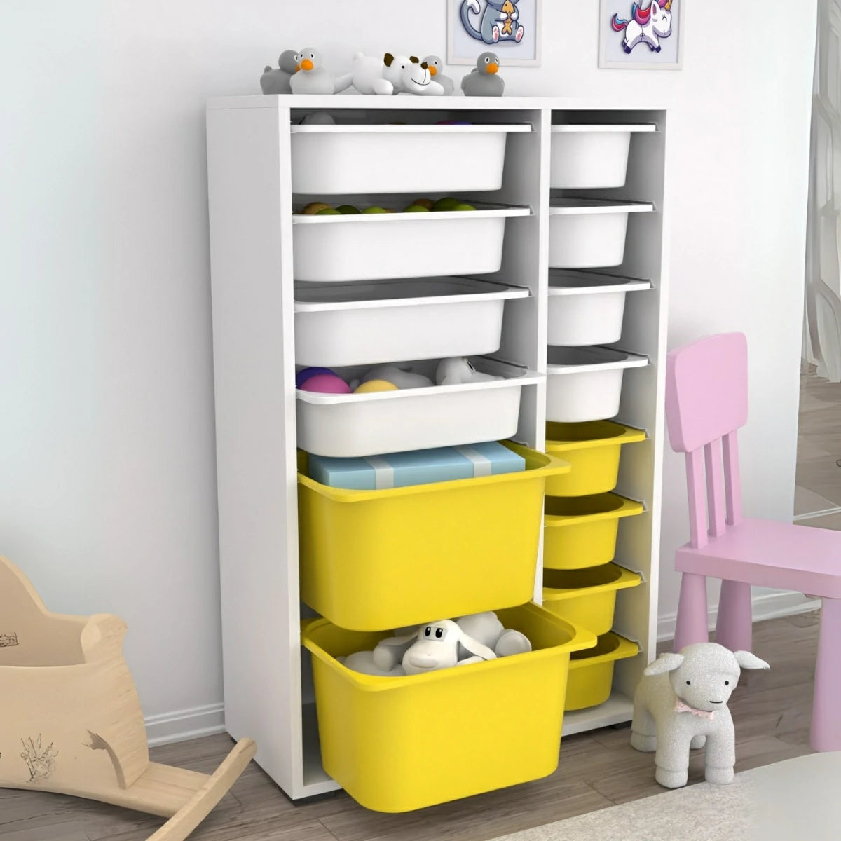 Rine 14 Sepetli Çok Amaçlı Oyuncak Dolabı Sarı Beyaz 2D4K8U