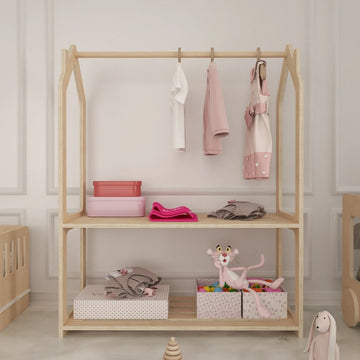 Roof Montessori Tarzı Çocuk Elbise Dolabı Ahşap Askılı