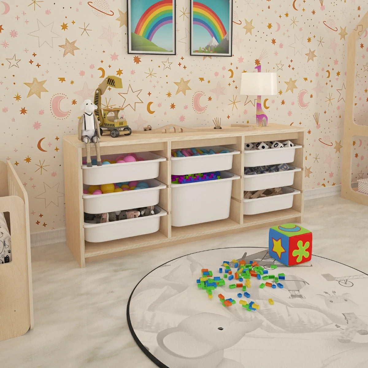 Sidel Montessori Tarzı Çok Amaçlı Oyuncak Dolabı Doğal Ahşap