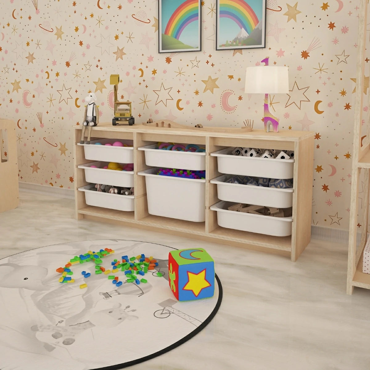 Sidel Montessori Tarzı Çok Amaçlı Oyuncak Dolabı Doğal Ahşap