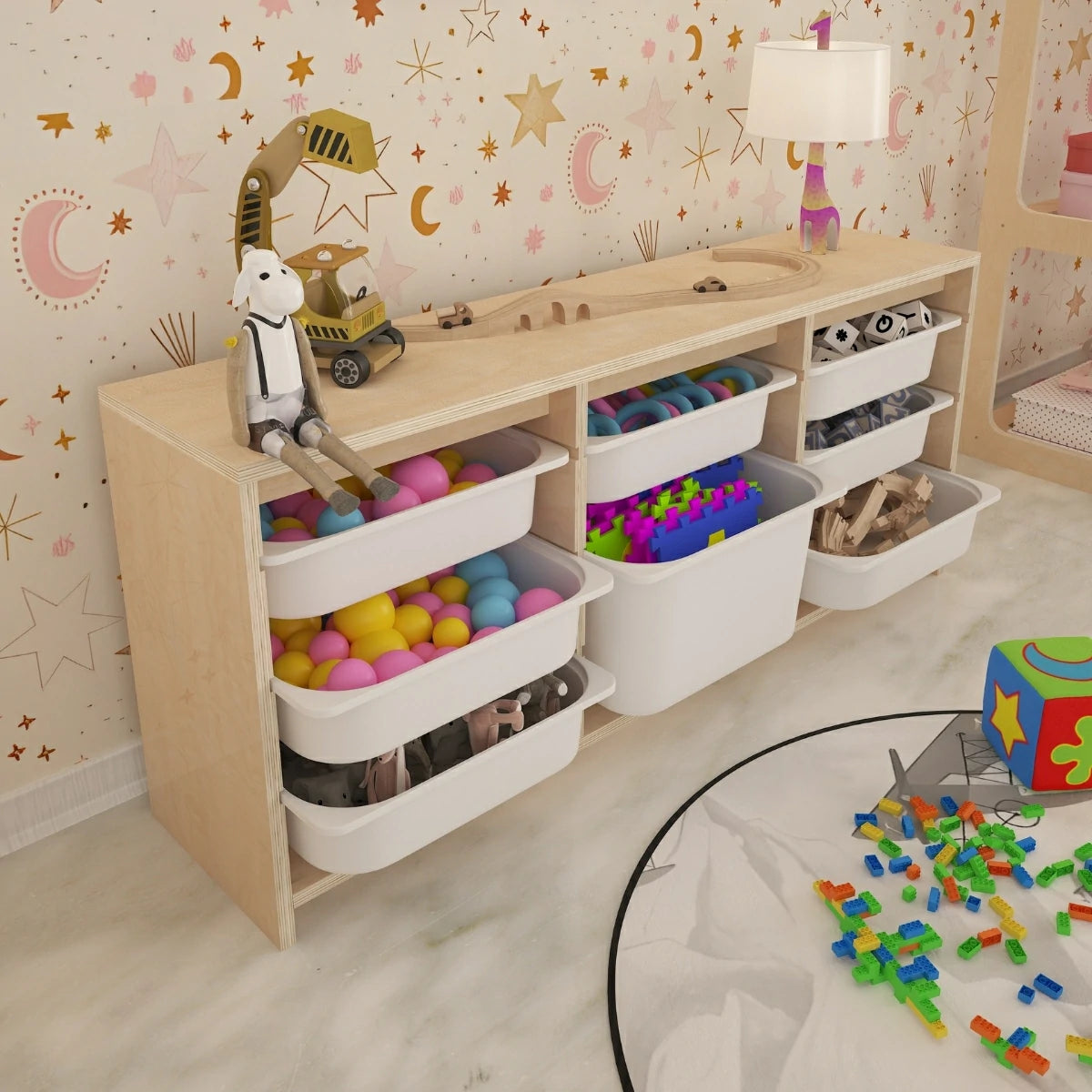 Sidel Montessori Tarzı Çok Amaçlı Oyuncak Dolabı Doğal Ahşap