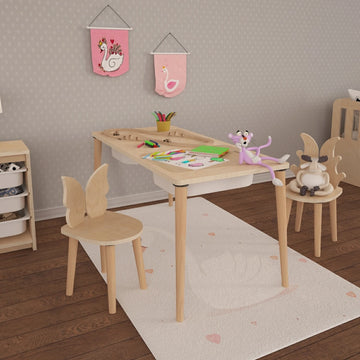 Twin Montessori Tarzı Çok Amaçlı Oyun Masası Aktivite Masası Doğal Ahşap