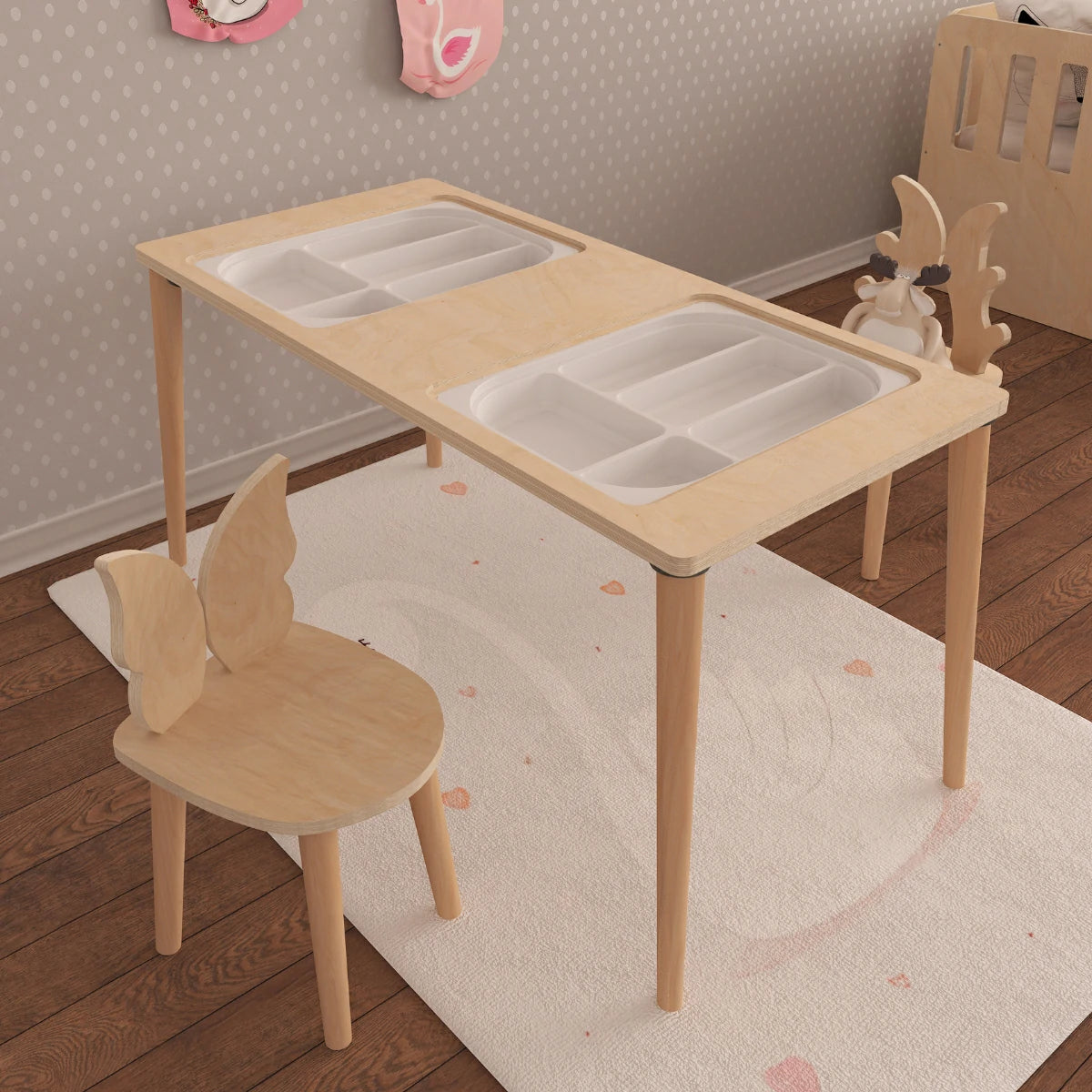 Twin Montessori Tarzı Çok Amaçlı Oyun Masası Aktivite Masası Doğal Ahşap