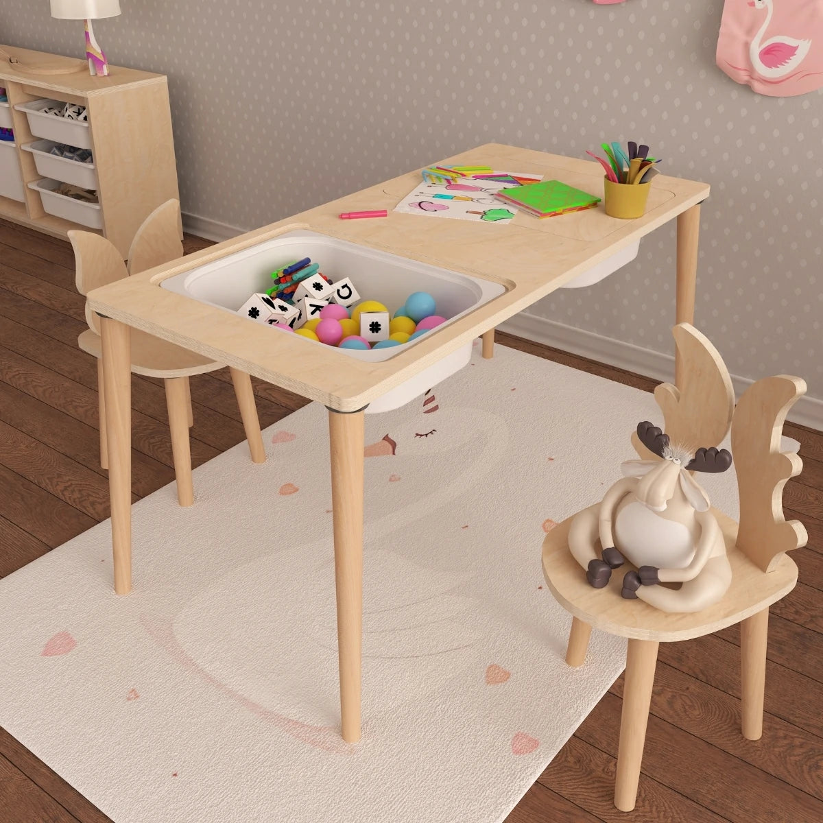 Twin Montessori Tarzı Çok Amaçlı Oyun Masası Aktivite Masası Doğal Ahşap