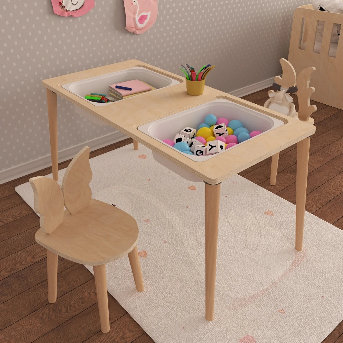 Twin Montessori Tarzı Çok Amaçlı Oyun Masası Aktivite Masası Doğal Ahşap