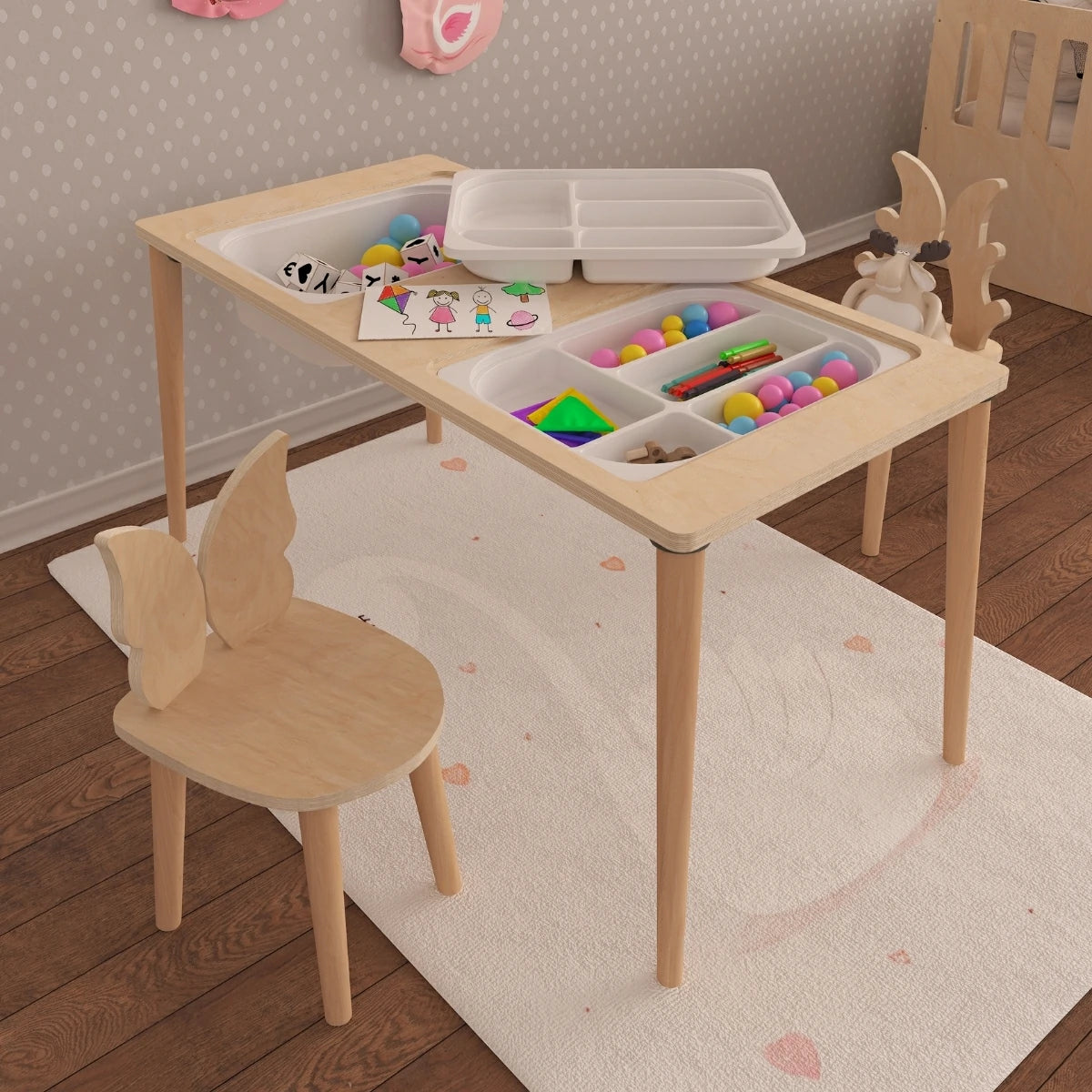 Twin Montessori Tarzı Çok Amaçlı Oyun Masası Aktivite Masası Doğal Ahşap