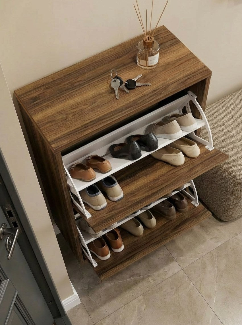 Double Düşer Kapak Ceviz Ayakkabılık Raflı Ayakkabılık 2 Bölmeli