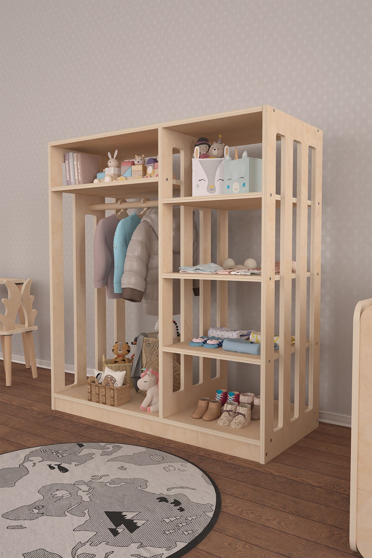 Flexo Montessori Tarzı Çocuk Elbise Dolabı Doğal Ahşap