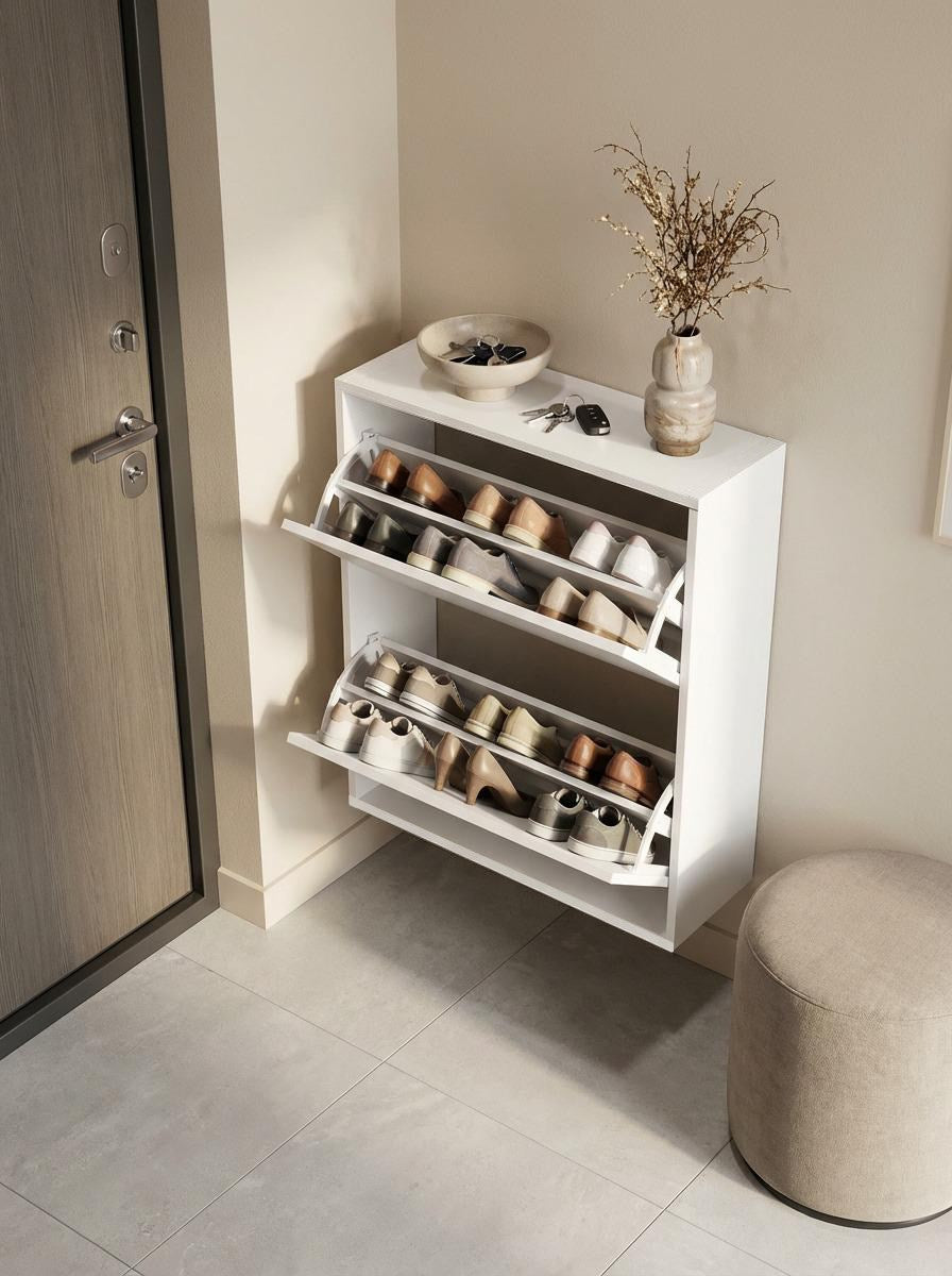 Double Düşer Kapak Beyaz Ayakkabılık Raflı Ayakkabılık 2 Bölmeli