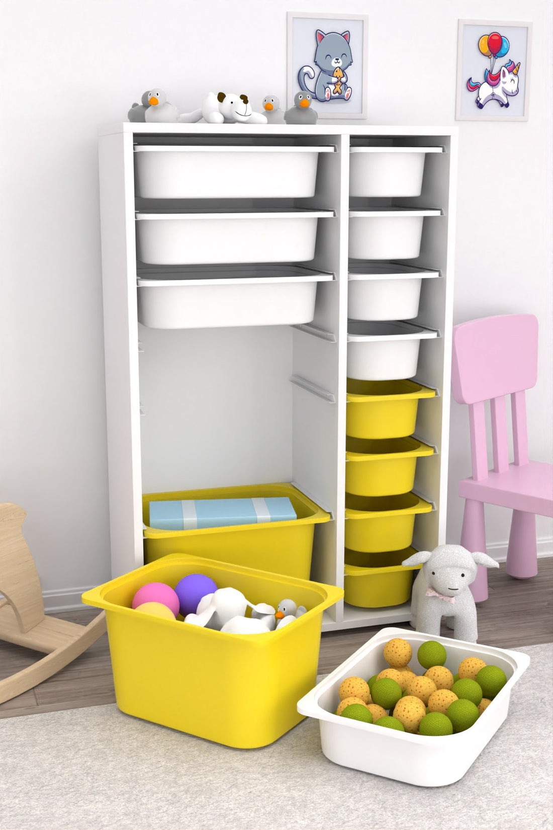 Rine 14 Sepetli Çok Amaçlı Oyuncak Dolabı Sarı Beyaz 2D4K8U