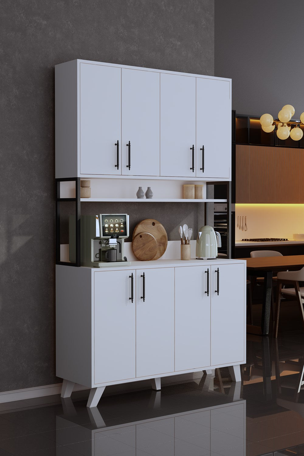 Volk 8 Kapaklı Kahve Köşesi Çok Amaçlı Mutfak Dolabı Beyaz