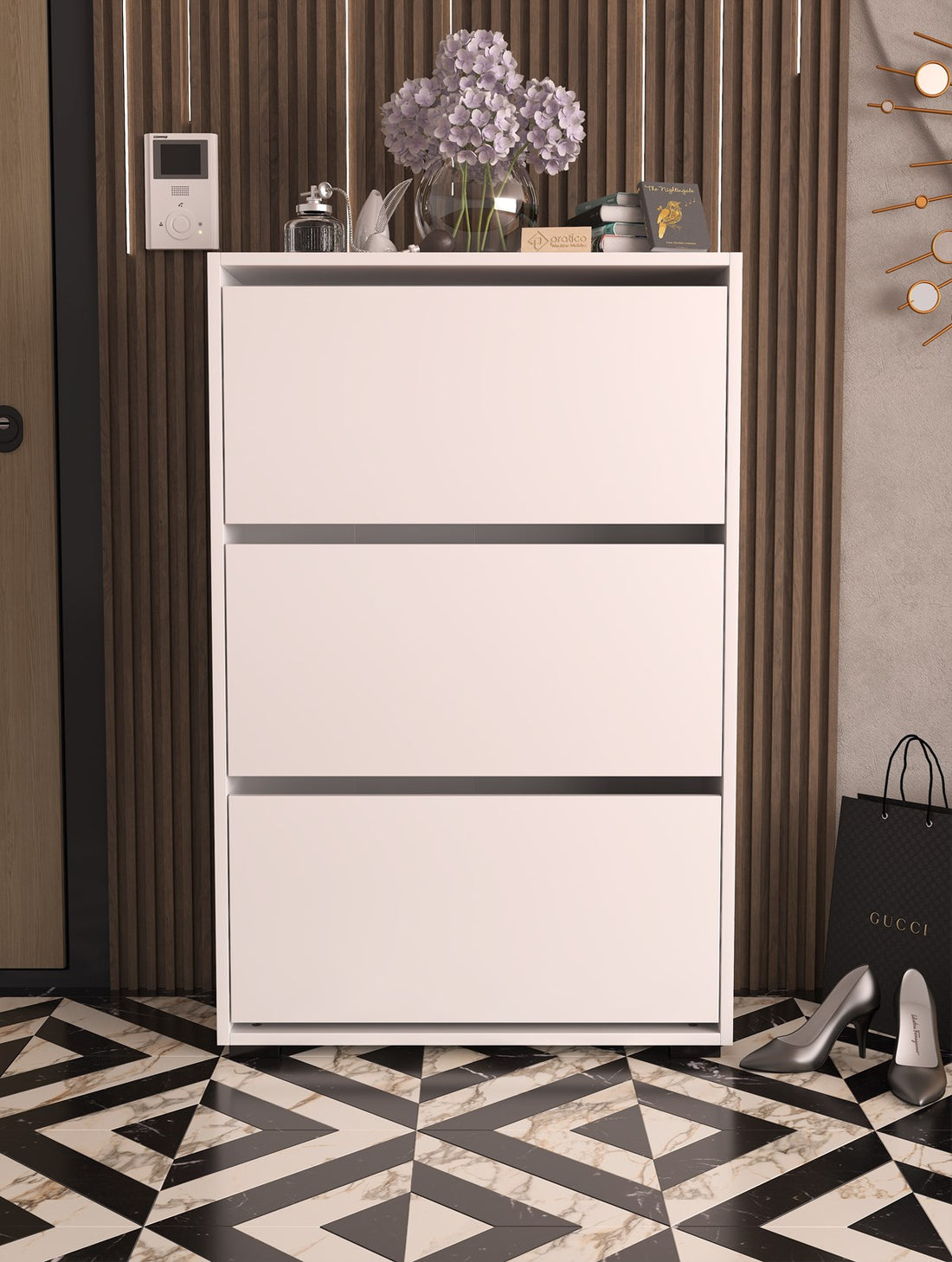 Skeche Raflı Ayakkabılık Düşer Kapak, 3 Bölmeli, Beyaz