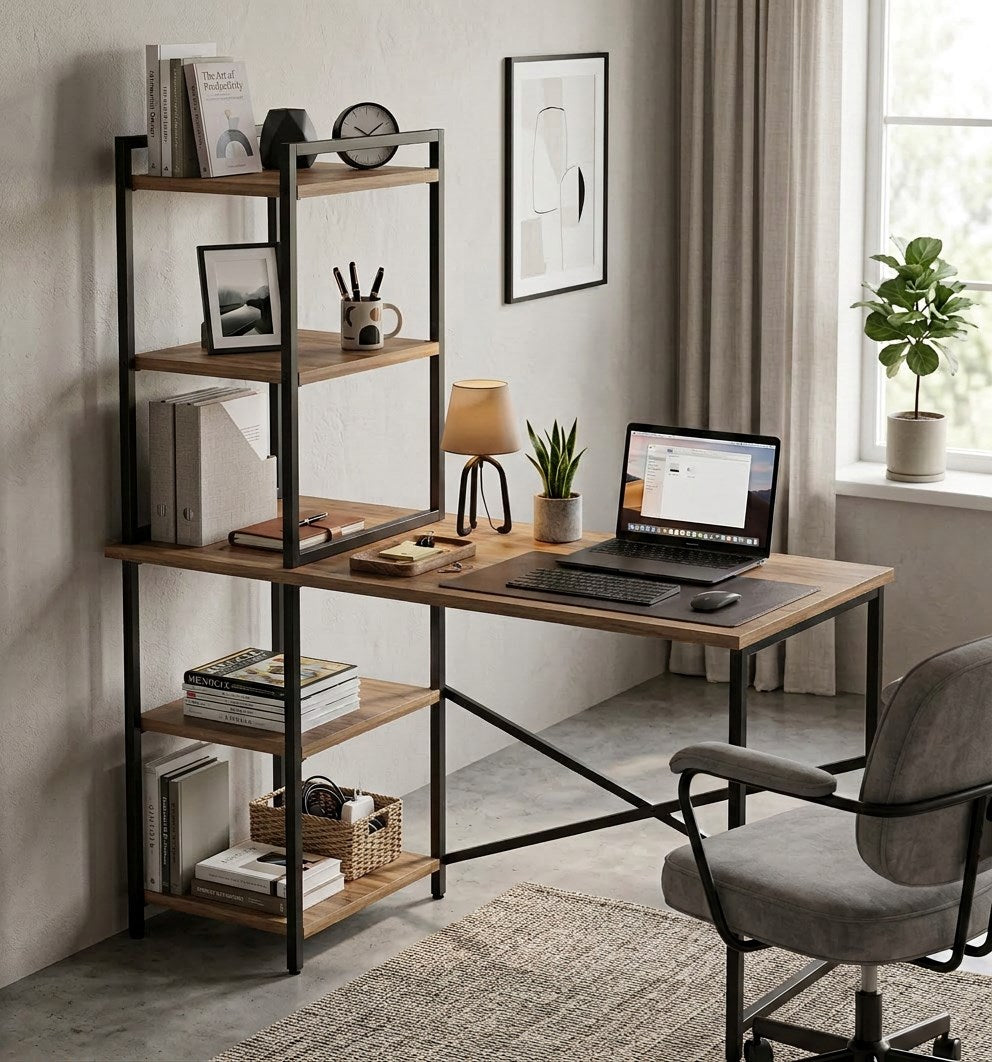 Melisa 5 Raflı Kitaplıklı Çalışma Masası 120x60 cm Atlantik Çam – Metal Gövdeli Modern Tasarım