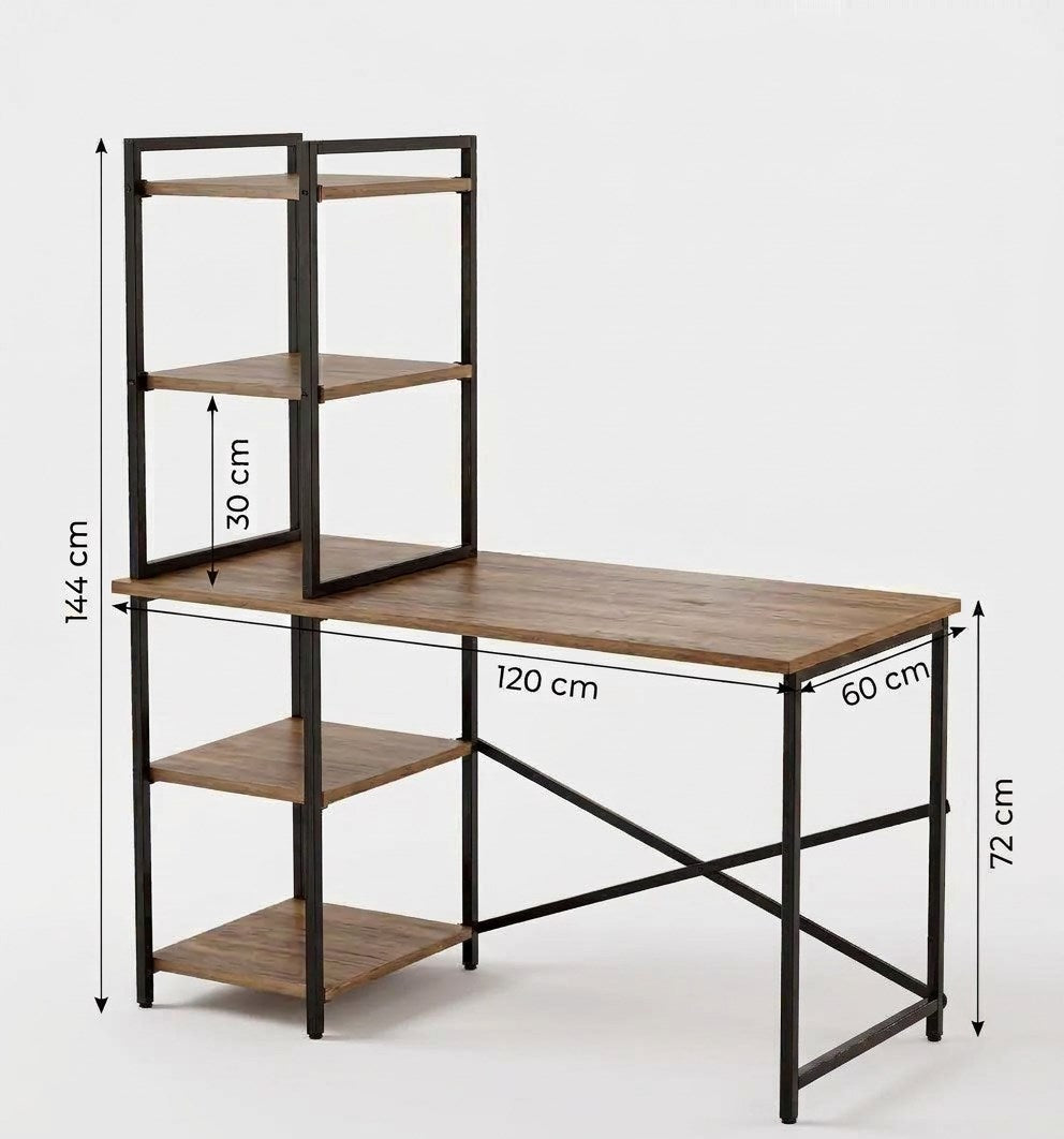Melisa 5 Raflı Kitaplıklı Çalışma Masası 120x60 cm Atlantik Çam – Metal Gövdeli Modern Tasarım