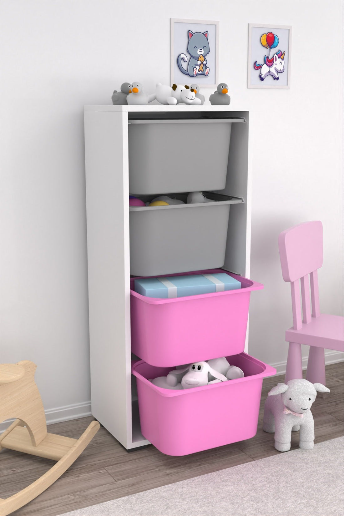 Cara 4 Derin Sepetli Çok Amaçlı Oyuncak Dolabı Pembe Gri