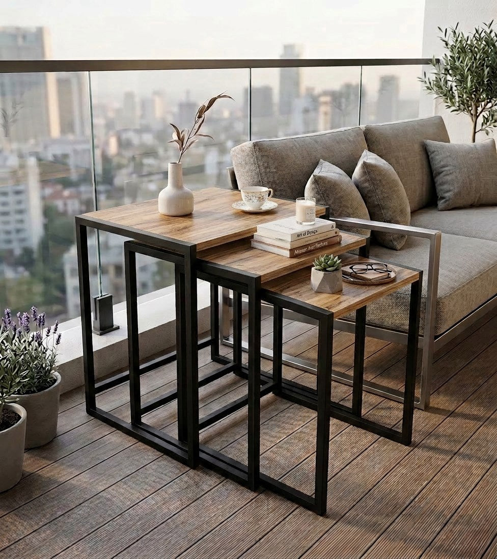 Form 3’lü Zigon Sehpa Atlantik Çam – Metal Profil Yan Sehpa Takımı