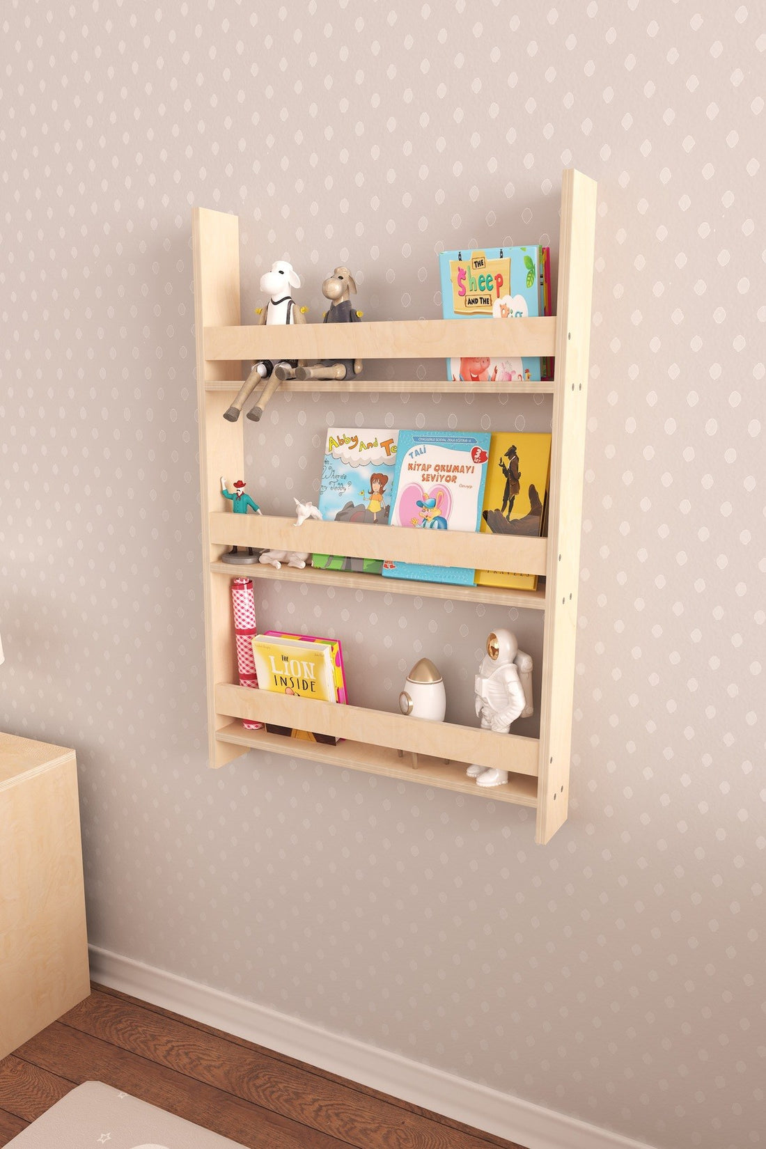 Step Montessori Tarzı Duvar Kitaplığı Doğal Ahşap