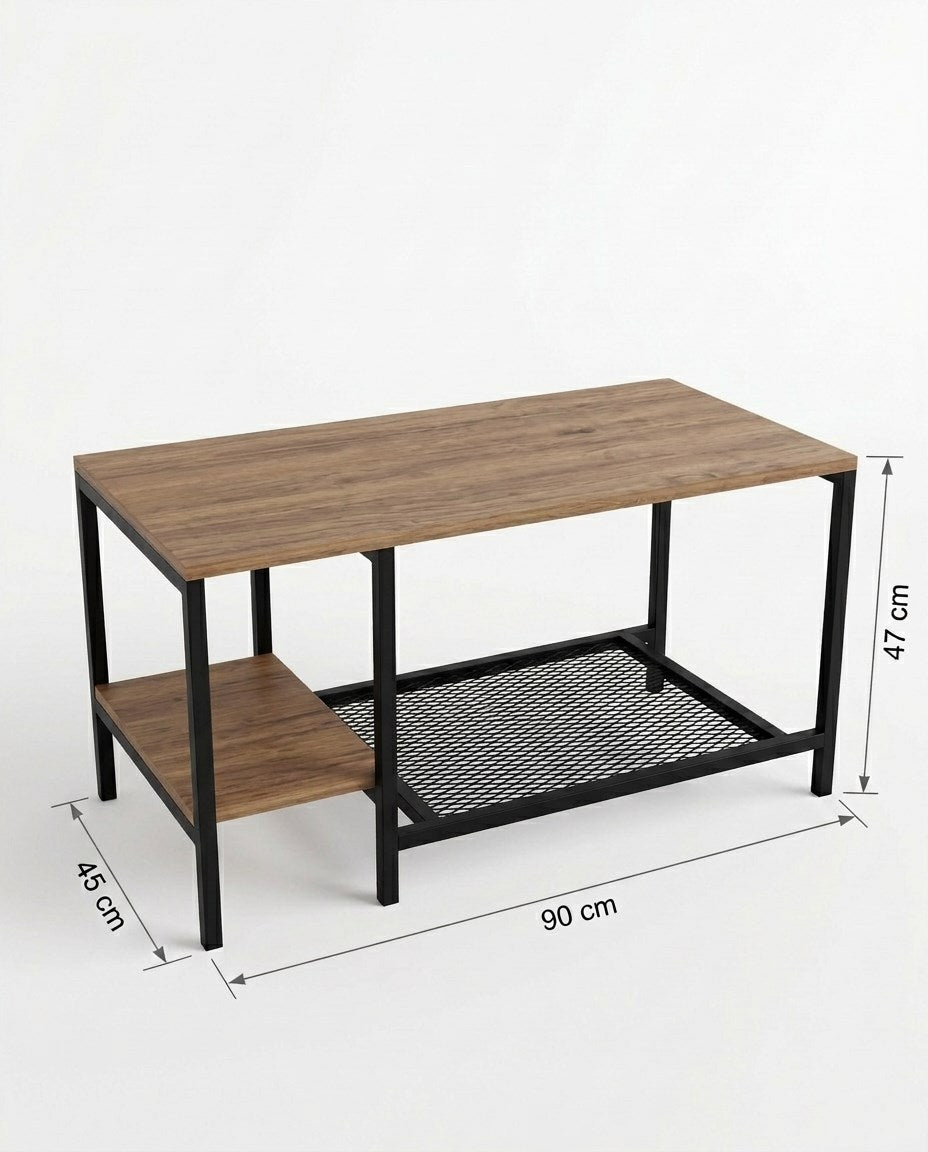 Moda Atlantik Çam Raflı Orta Sehpa 90x45 cm – Metal Gövdeli Modern Salon Sehpası