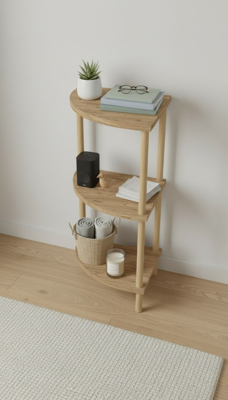 Ovalis Atlantik Çam Ahşap Köşeli Çok Amaçlı Raf Köşe Yan Sehpa 3 Katlı