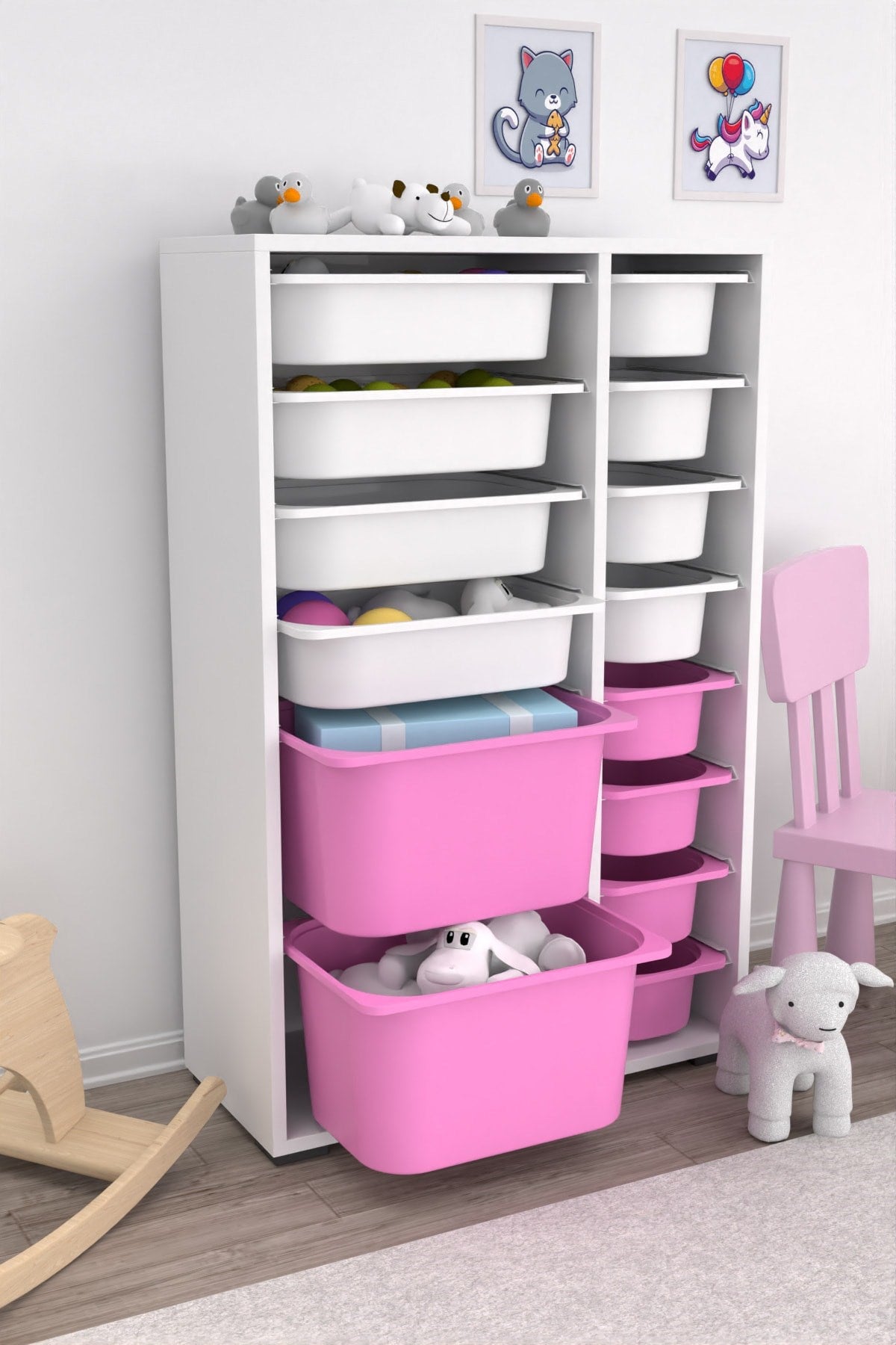 Rine 14 Sepetli Çok Amaçlı Oyuncak Dolabı Pembe Beyaz 2D4K8U