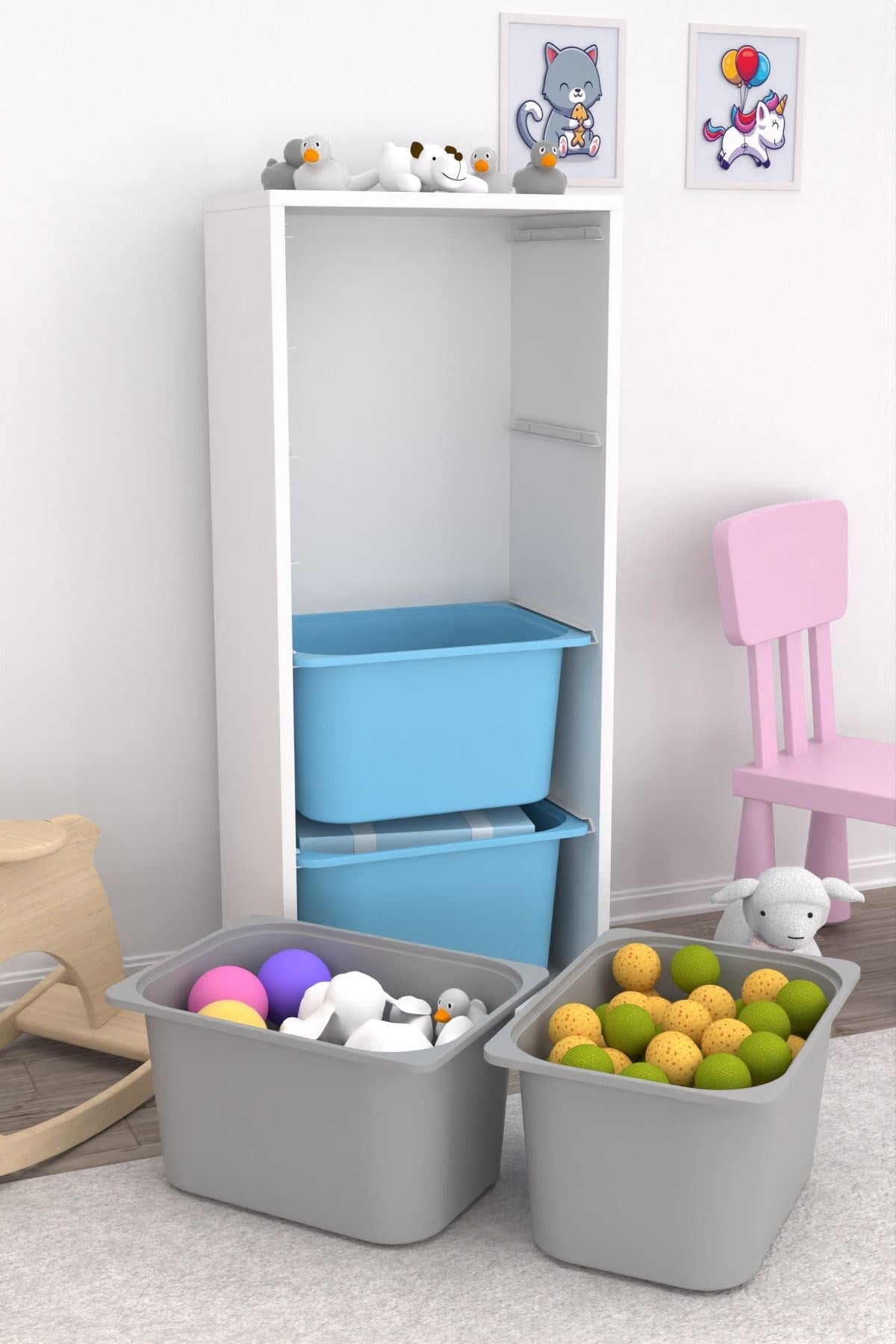 Cara 4 Derin Sepetli Çok Amaçlı Oyuncak Dolabı Mavi Gri