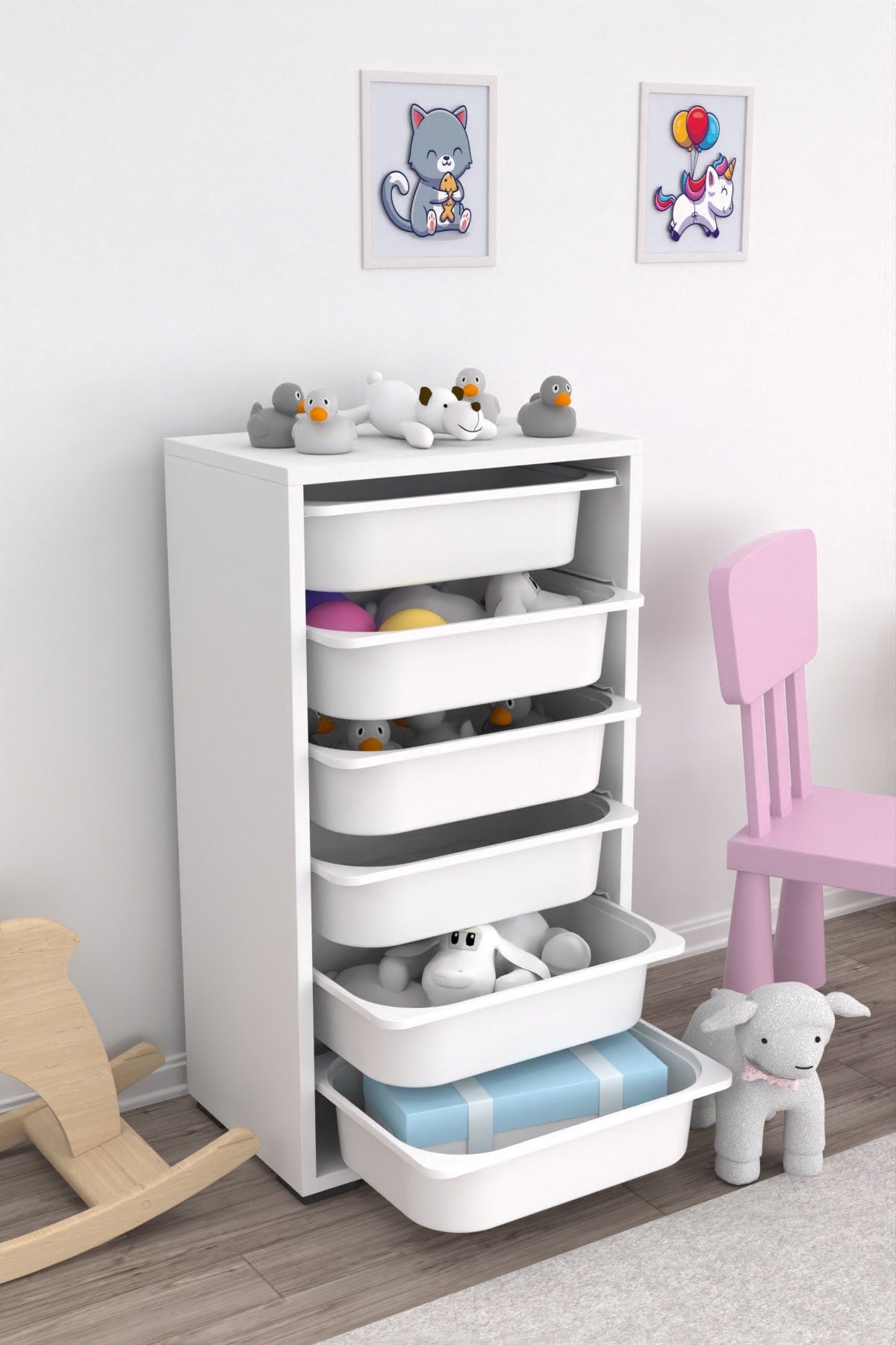 Bronz 6 Sepetli Çok Amaçlı Oyuncak Dolabı, Kiler Dolabı Beyaz