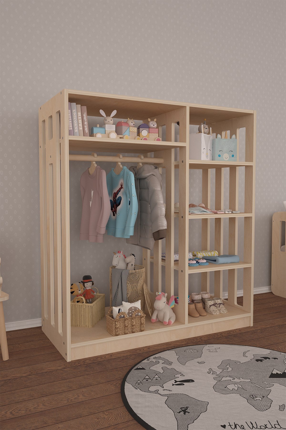 Flexo Montessori Tarzı Çocuk Elbise Dolabı Doğal Ahşap