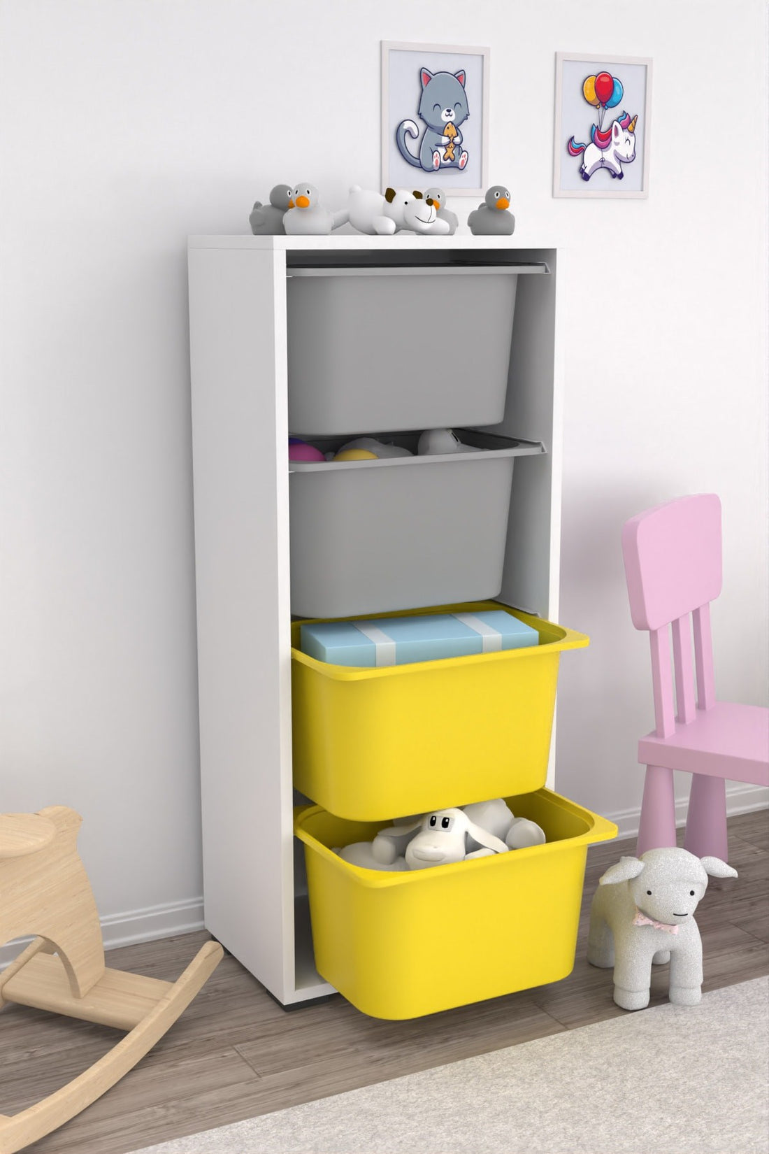 Cara 4 Derin Sepetli Çok Amaçlı Oyuncak Dolabı Sarı Gri