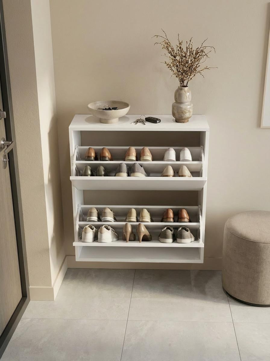 Double Düşer Kapak Beyaz Ayakkabılık Raflı Ayakkabılık 2 Bölmeli