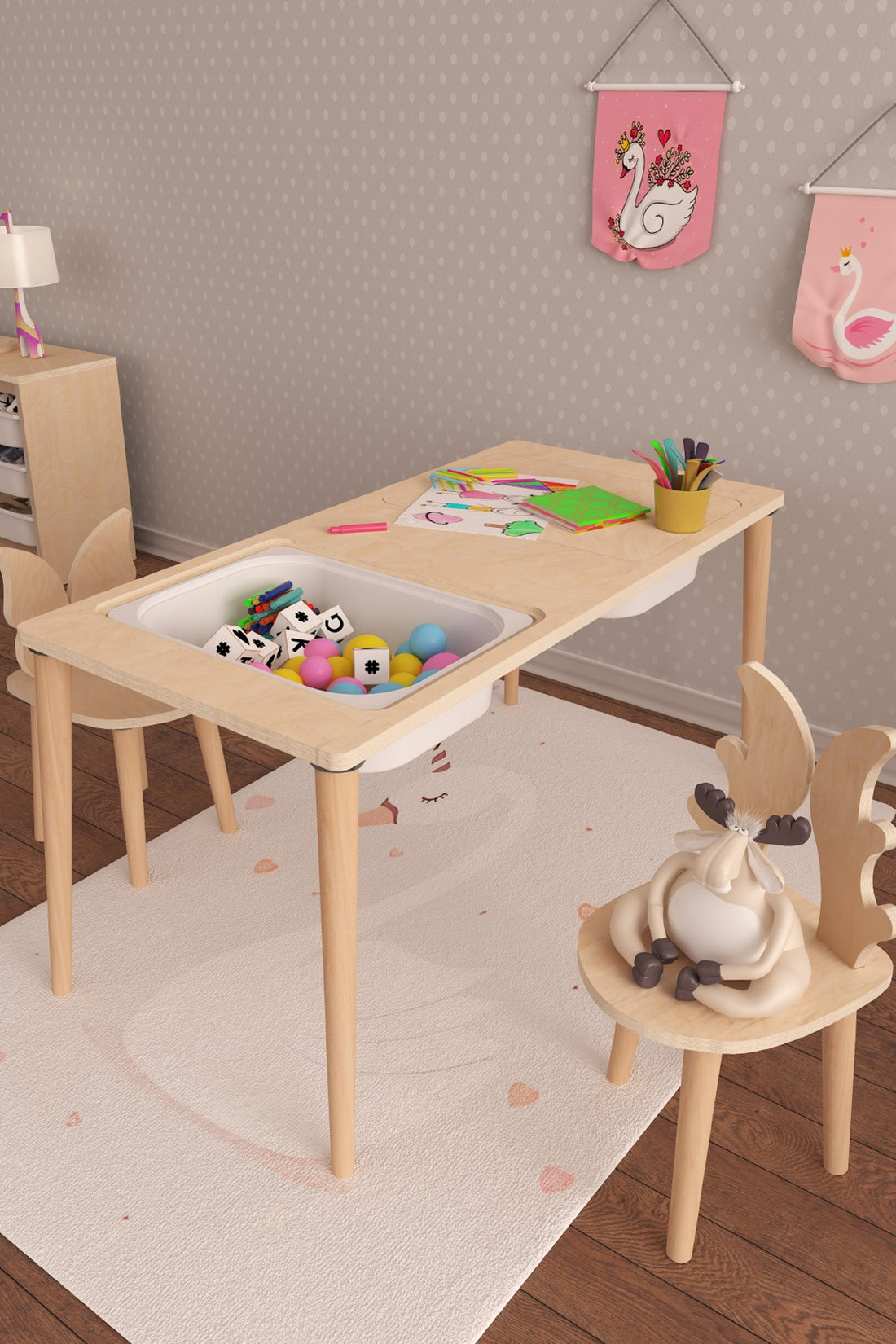 Twin Montessori Tarzı Çok Amaçlı Oyun Masası Aktivite Masası Doğal Ahşap