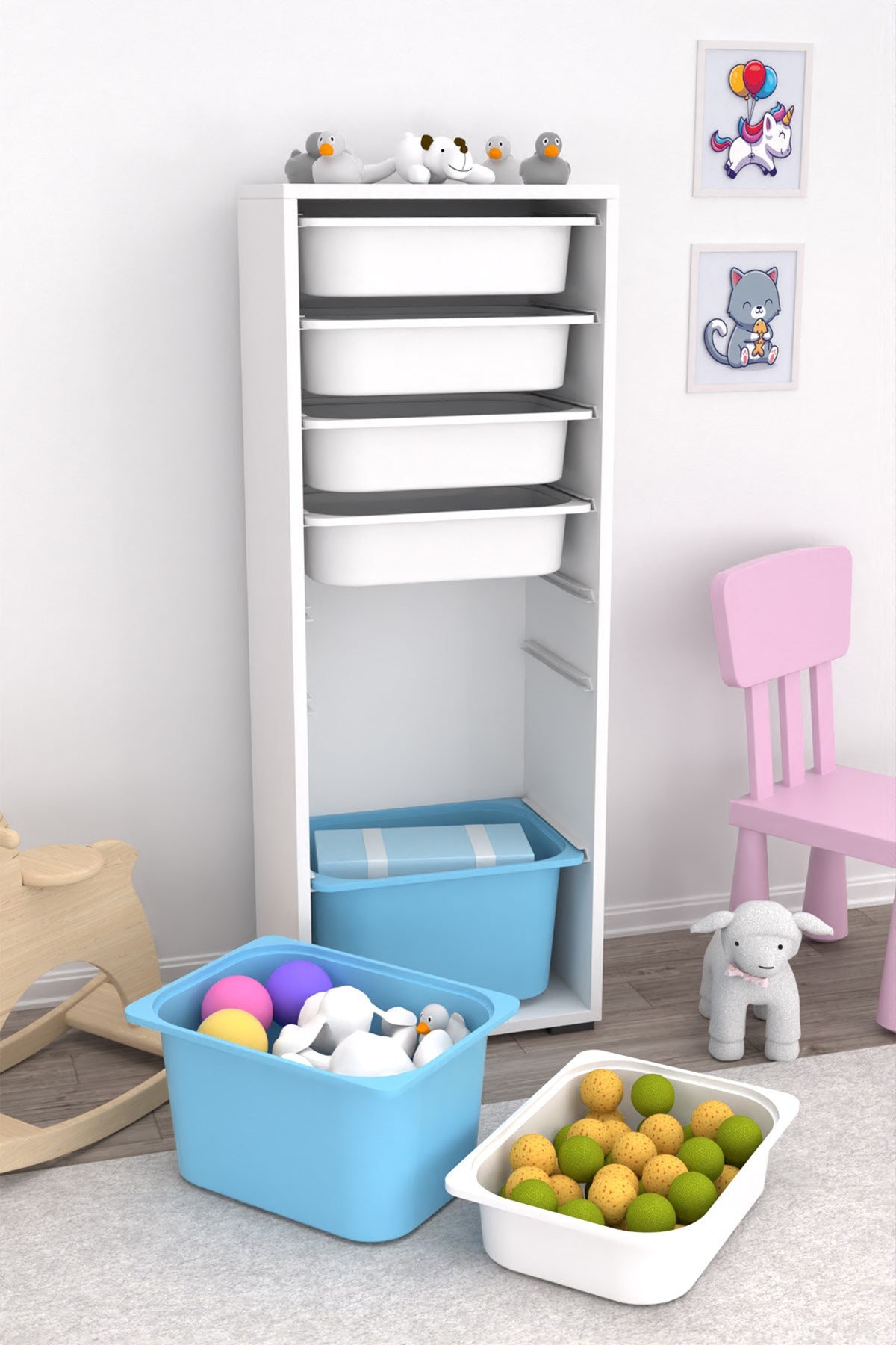 Zola 7 Sepetli Dolap Oyuncak Dolabı Çok Amaçlı Mutfak Banyo Kiler Dolabı Mavi Beyaz