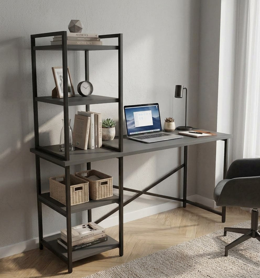 Melisa 5 Raflı Kitaplıklı Çalışma Masası 120x60 cm Antrasit – Metal Gövde Modern Tasarım