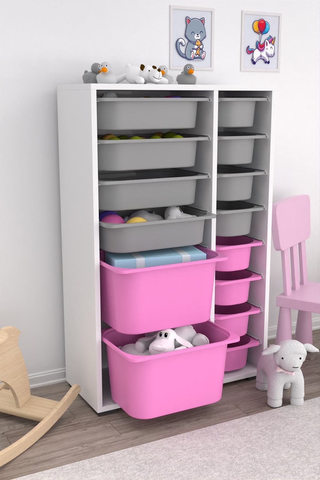 Rine 14 Sepetli Çok Amaçlı Oyuncak Dolabı Gri Pembe 2D4K8U