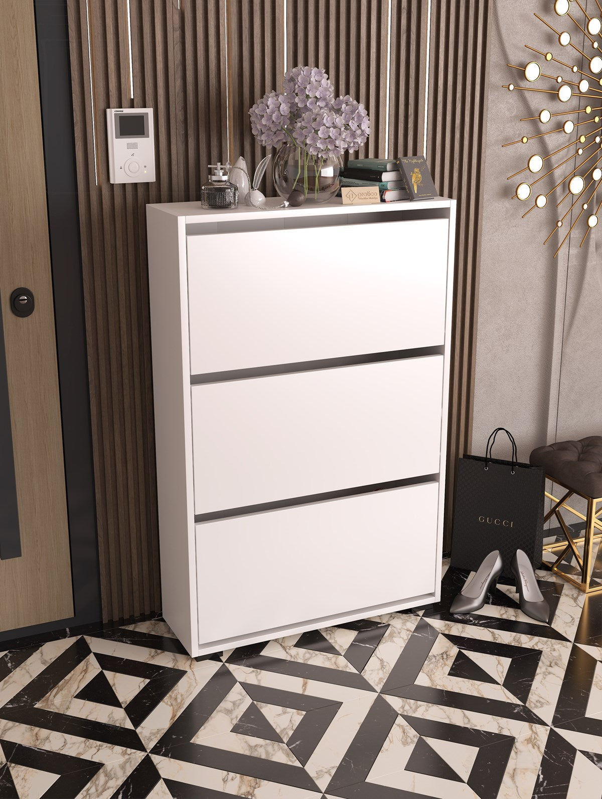 Skeche Raflı Ayakkabılık Düşer Kapak, 3 Bölmeli, Beyaz