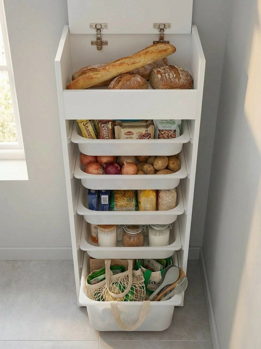 Chari Kapaklı Çok Katlı 5 Sepetli Dikey Çok Amaçlı Ekmeklik Dolabı Beyaz