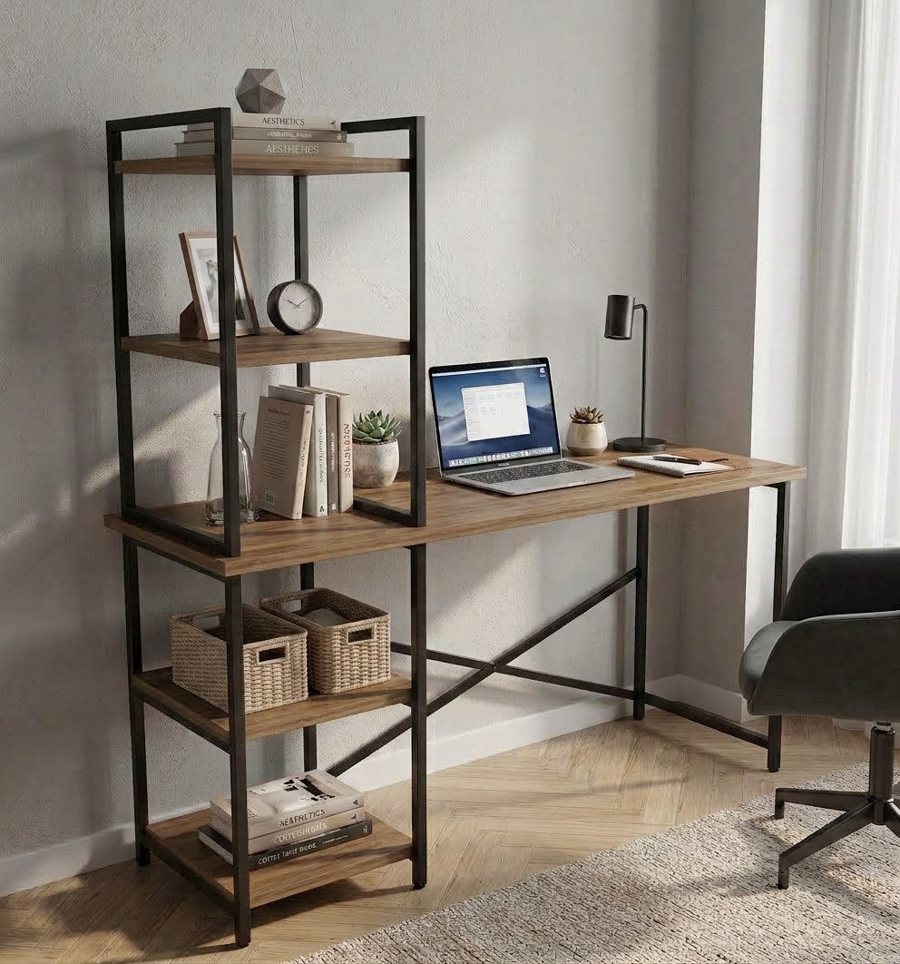 Melisa 5 Raflı Kitaplıklı Çalışma Masası 120x60 cm Atlantik Çam – Metal Gövdeli Modern Tasarım