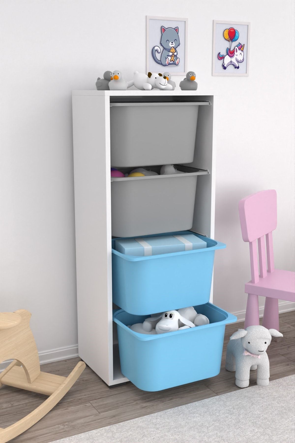 Cara 4 Derin Sepetli Çok Amaçlı Oyuncak Dolabı Mavi Gri