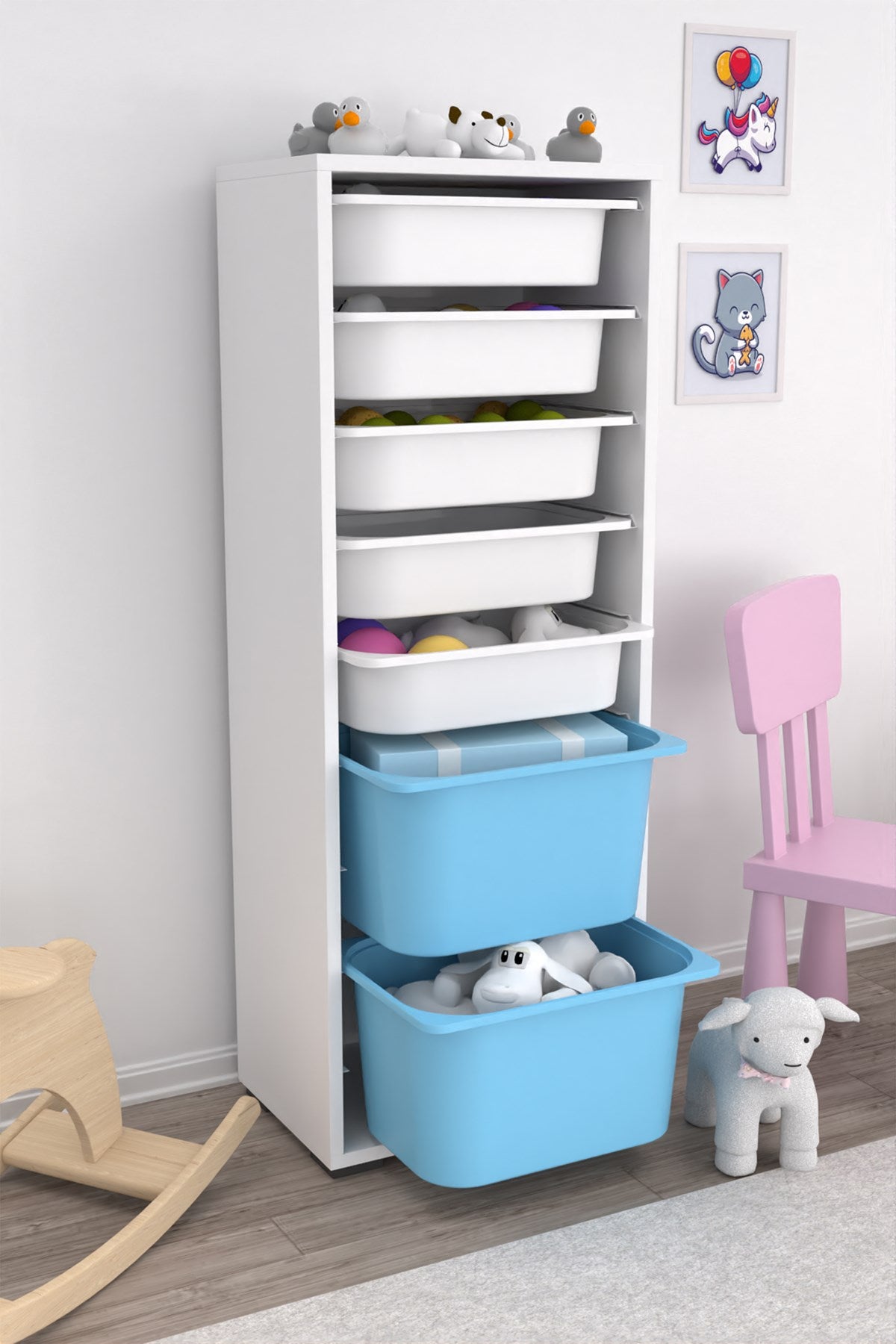 Zola 7 Sepetli Dolap Oyuncak Dolabı Çok Amaçlı Mutfak Banyo Kiler Dolabı Mavi Beyaz