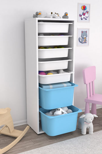 Zola 7 Sepetli Dolap Oyuncak Dolabı Çok Amaçlı Mutfak Banyo Kiler Dolabı Mavi Beyaz