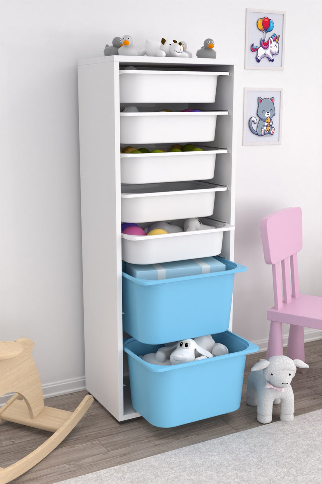 Zola 7 Sepetli Dolap Oyuncak Dolabı Çok Amaçlı Mutfak Banyo Kiler Dolabı Mavi Beyaz