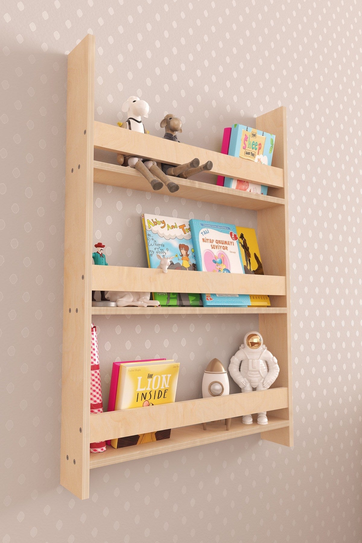 Step Montessori Tarzı Duvar Kitaplığı Doğal Ahşap