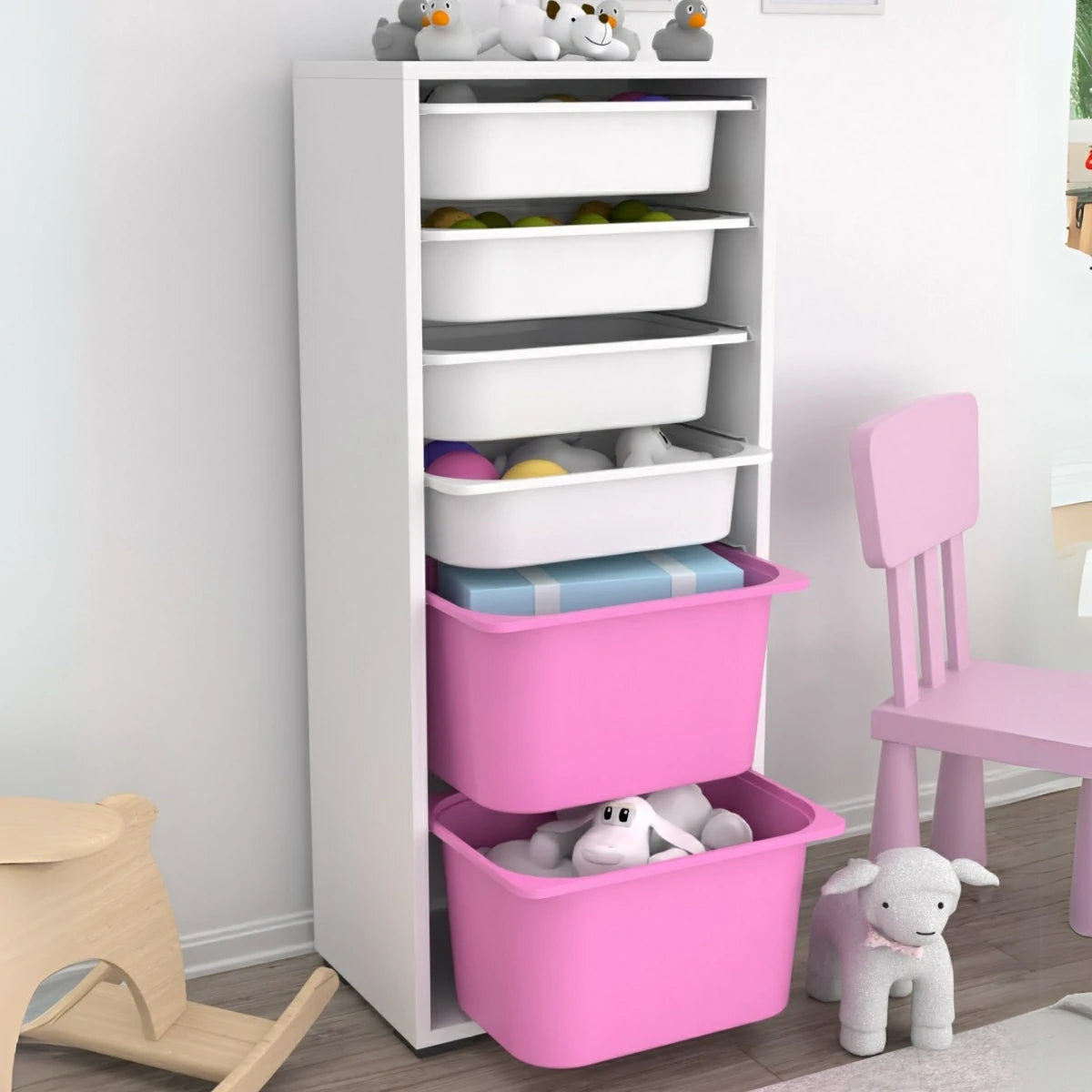 Cara 2 Büyük 4 Küçük Çok Amaçlı Dolap Mutfak Oyuncak Dolabı Pembe Beyaz