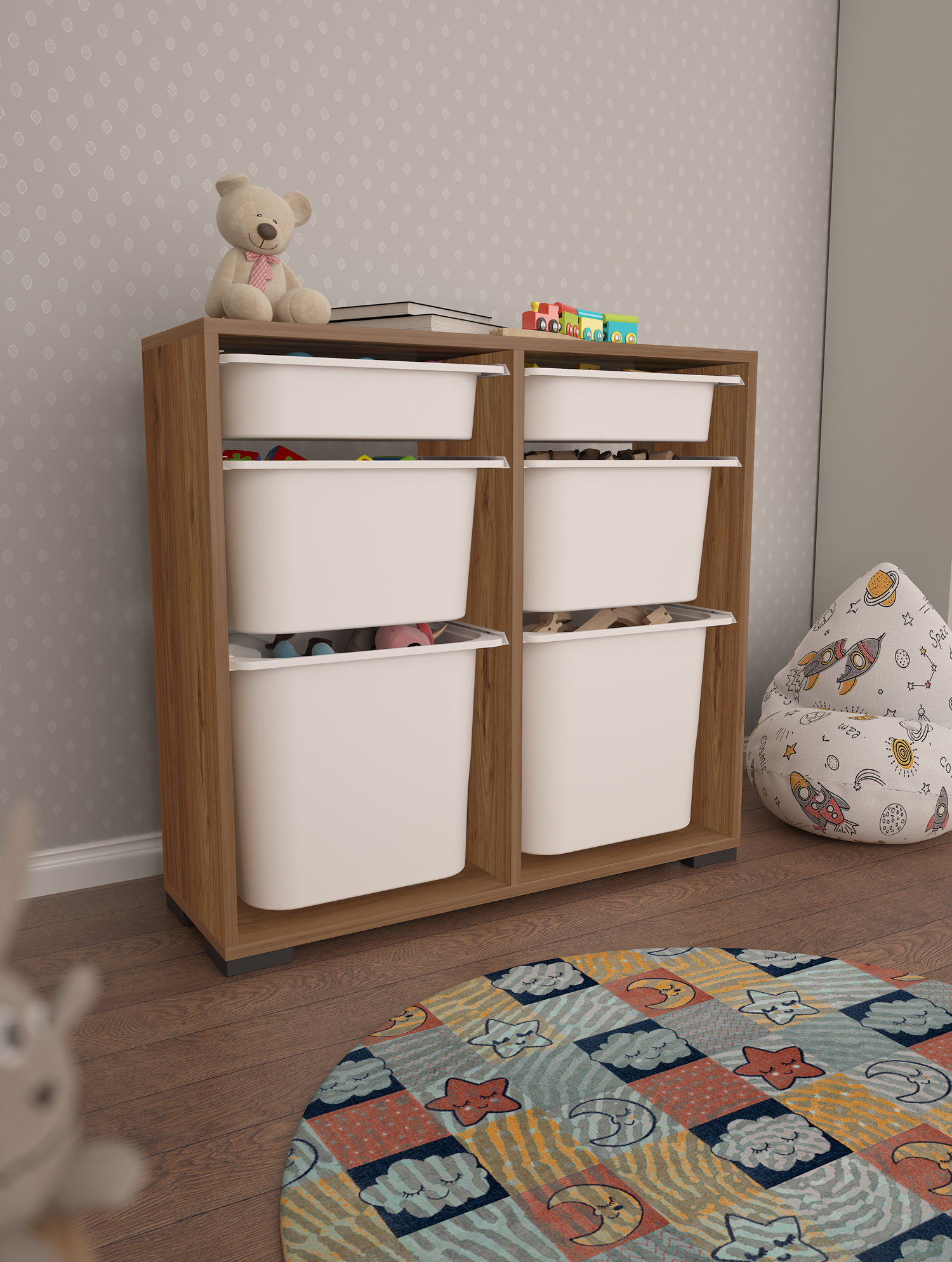 Carla 6 Tropik Ceviz Ultra Derin Sepetli Çok Amaçlı Dolap Oyuncak Dolabı