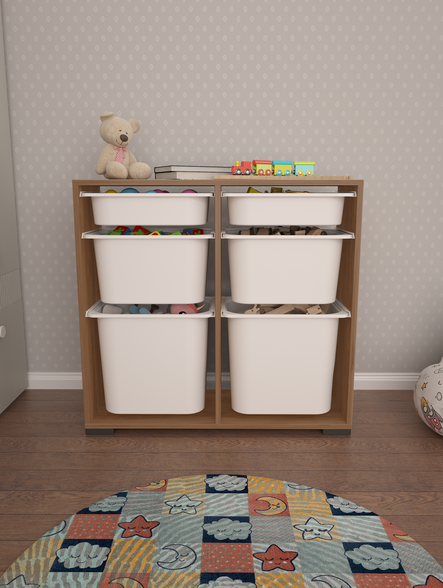 Carla 6 Tropik Ceviz Ultra Derin Sepetli Çok Amaçlı Dolap Oyuncak Dolabı