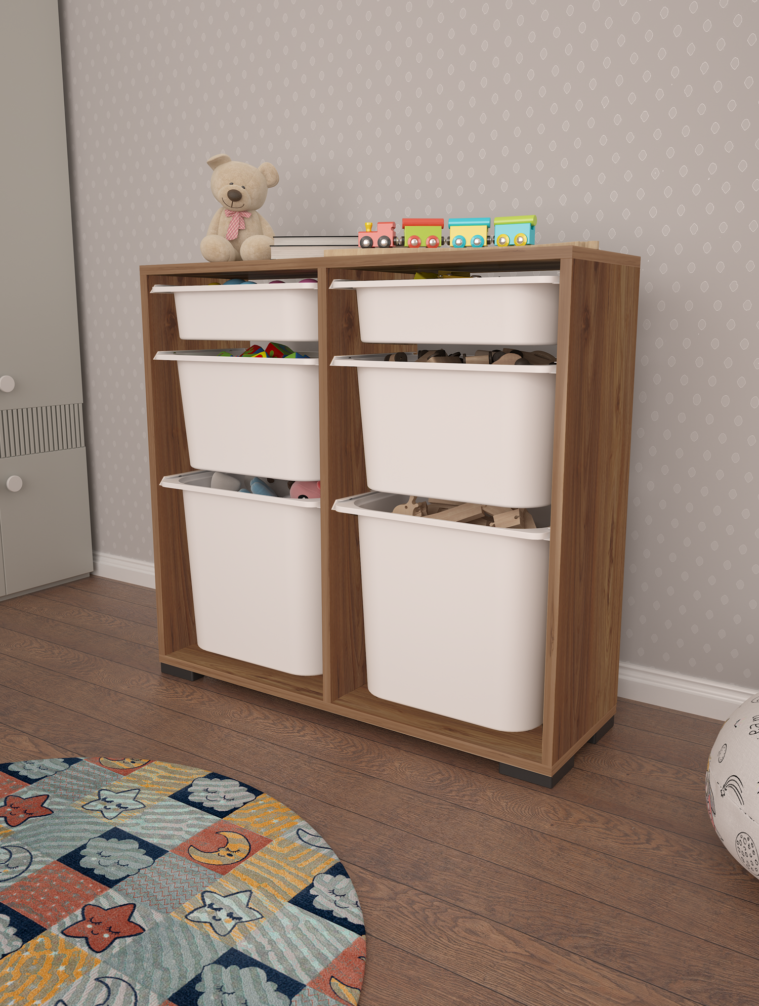 Carla 6 Tropik Ceviz Ultra Derin Sepetli Çok Amaçlı Dolap Oyuncak Dolabı