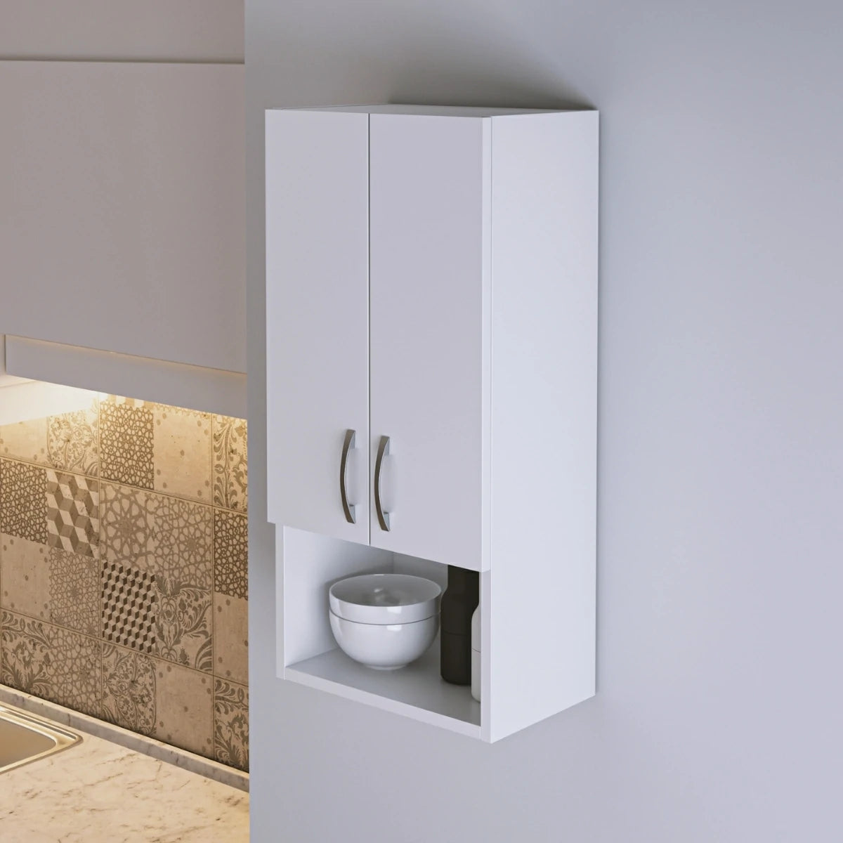 BD-01 Kapaklı Bölmeli Banyo Mutfak Asma Dolap Beyaz