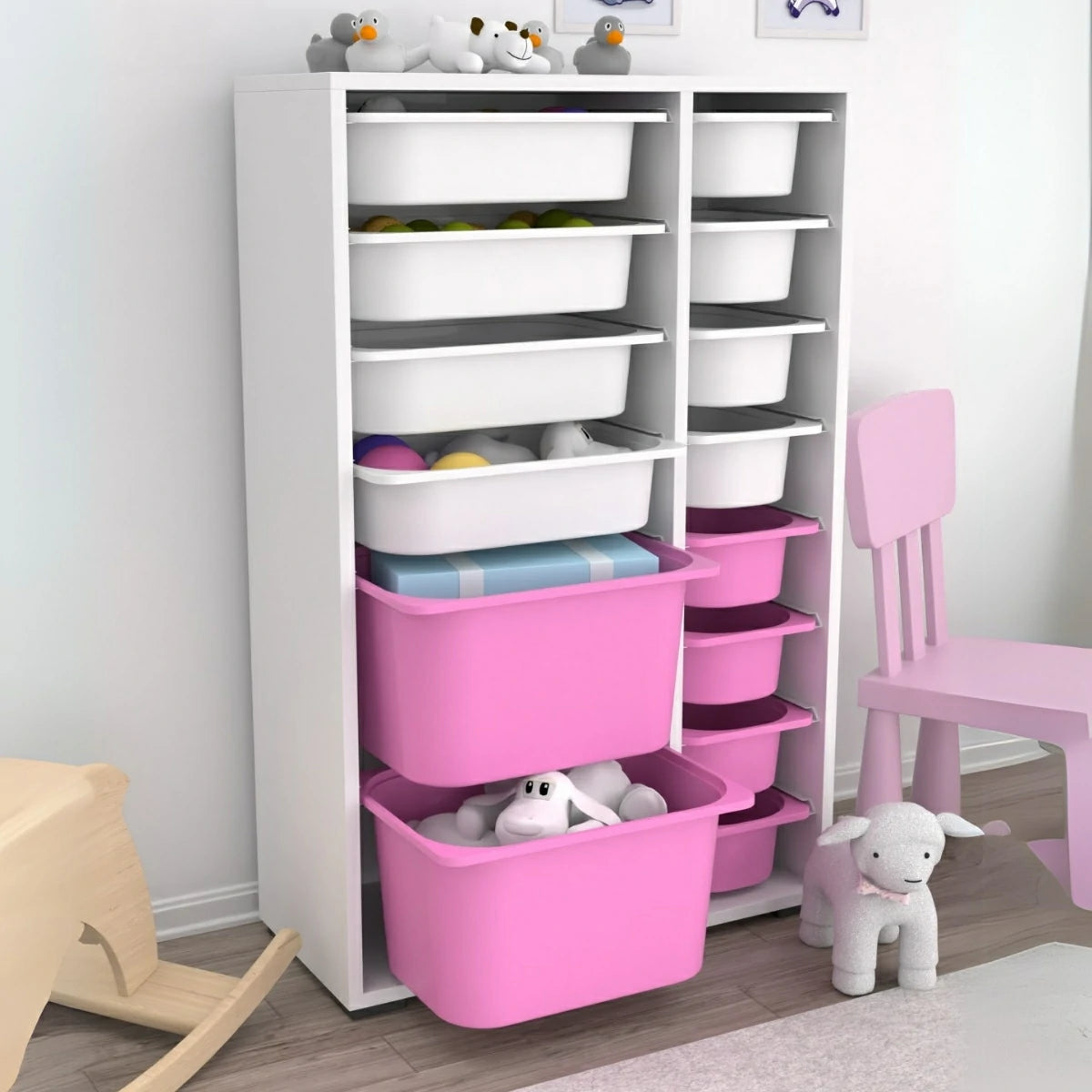 Rine 14 Sepetli Çok Amaçlı Oyuncak Dolabı Pembe Beyaz 2D4K8U